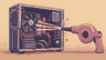 Pixel art of dust being cleaned from a desktop computer