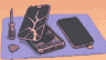 Pixel art of a cracked phone screen being replaced